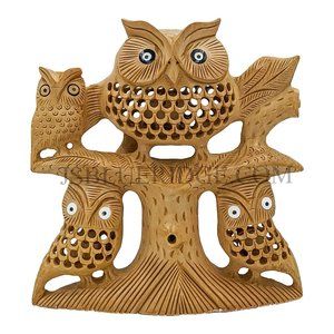 Wooden Owl Family On Tree Handcrafted (6inch)